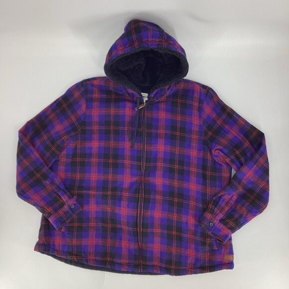 LL Bean Women’s Scotch Plaid Flannel Sherpa Lined Shirt Jacket Purple Black 2X - Picture 1 of 13